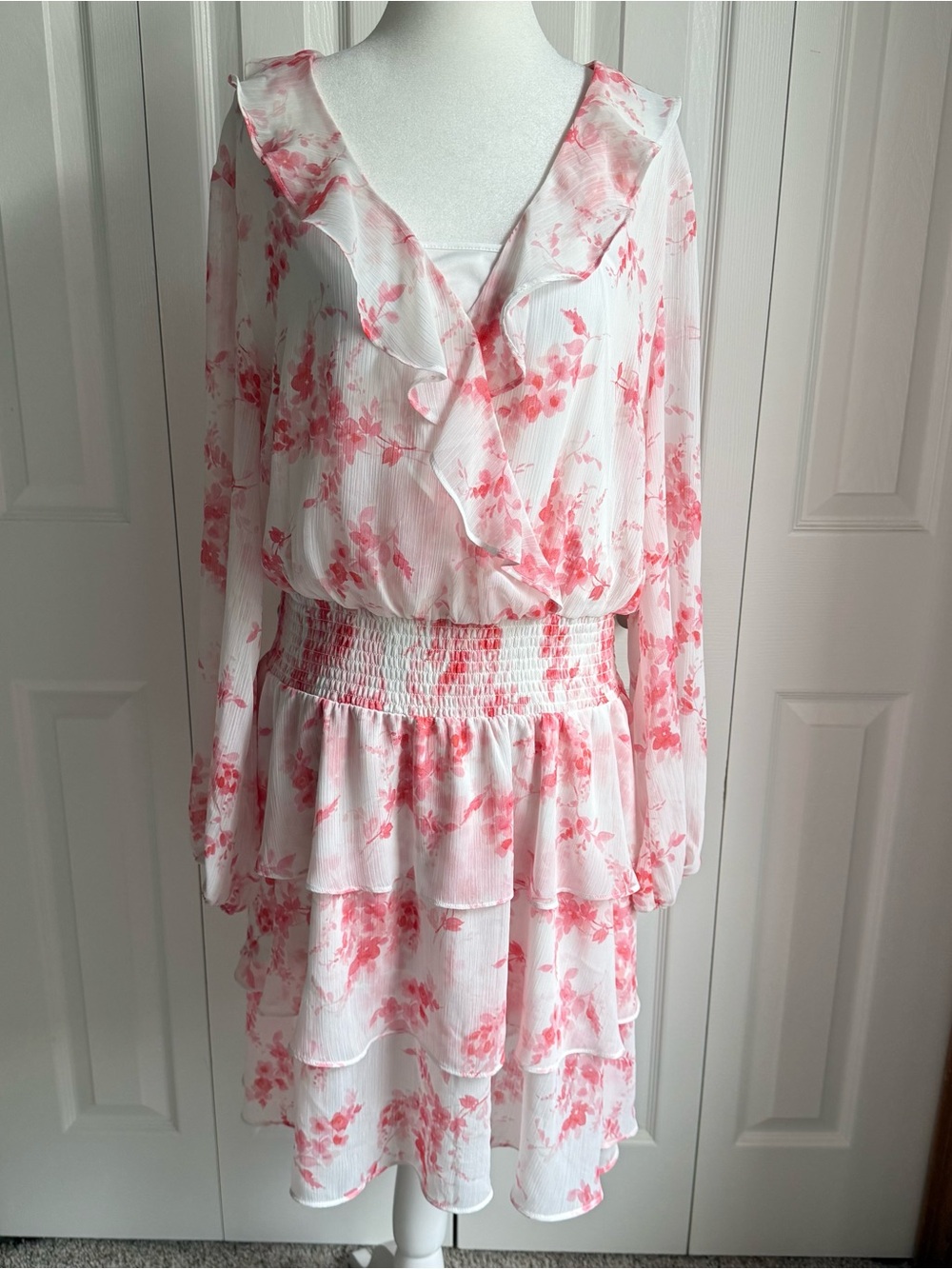 White & pink floral ruffle long sleeve dress size 18 by Tommy Hilfiger